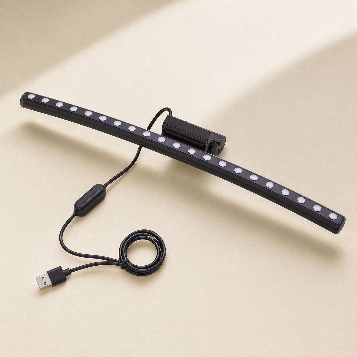 Glowledge USB-Powered Monitor Hanging Lamp, curved black bar with white LEDs, clip and coiled USB cable