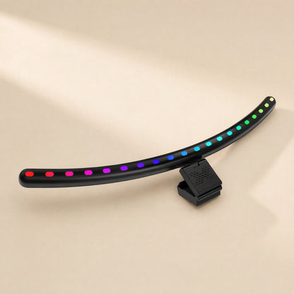 Glowledge – Curved black light bar with rainbow LED dots from red to green, seen from above with its clip mount