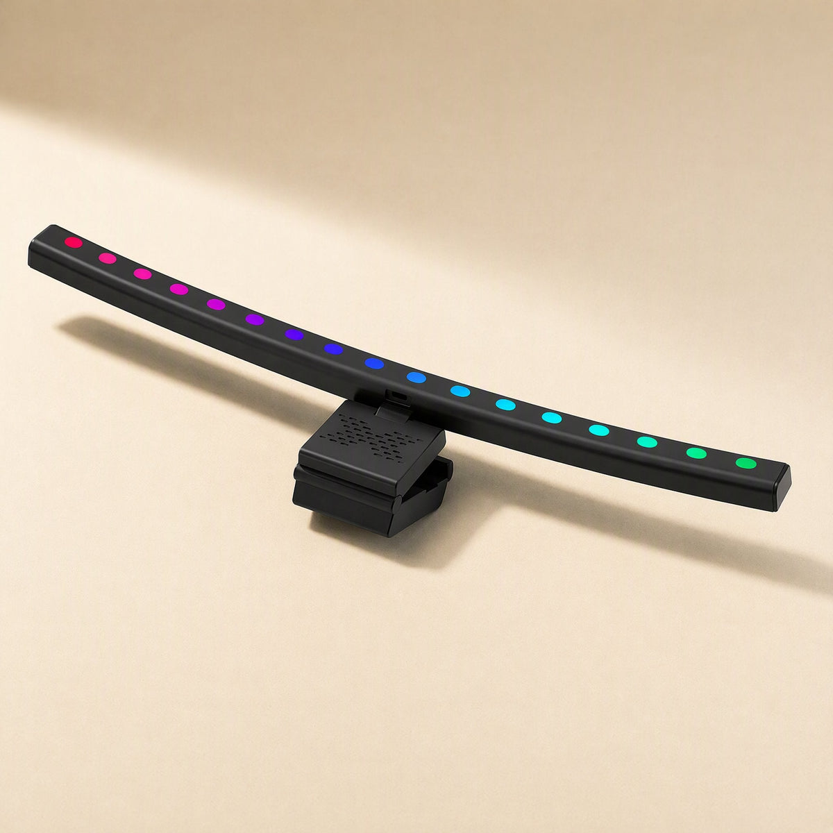 Glowledge USB-Powered Monitor Hanging Lamp – black light bar on its clip with pink, purple, blue and green LED dots in a row