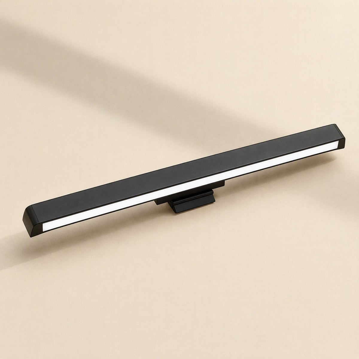 Offsetbeam Asymmetric Monitor Hanging Light Lamp in black, angled view showing the glowing light strip