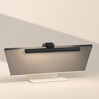 Offsetbeam – Monitor light mounted on top of a screen with a white stand, casting a soft glow down