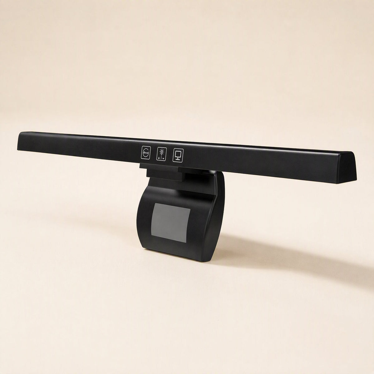 Offsetbeam – Front of the black light bar with three touch control icons above a small clip counterweight