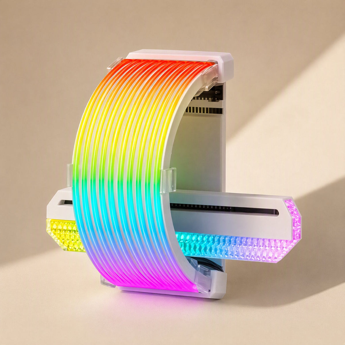 Glowgrid ARGB Graphics Card Neon Light curved in a rainbow arc on a white card mount, sunlit beige backdrop