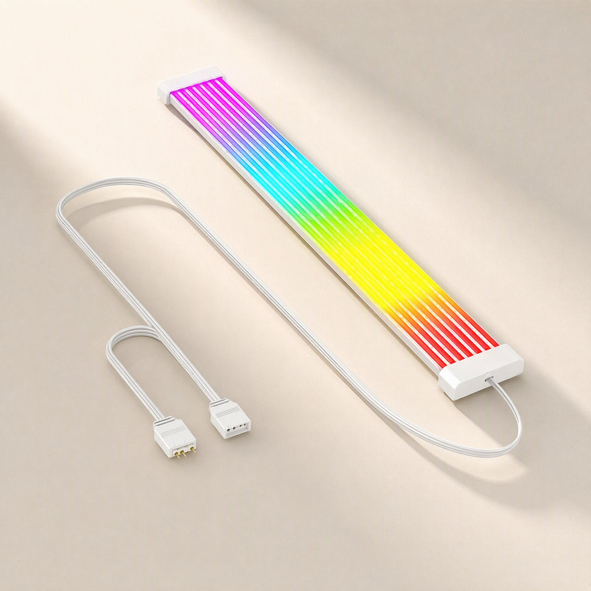Glowgrid – Flat white neon strip glowing pink to red with a white lead and split connector cable, top view