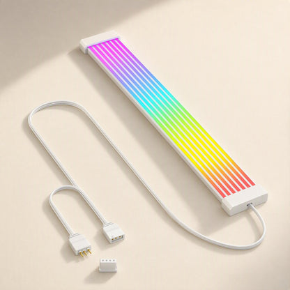 Glowgrid – Flat rainbow neon strip with white end caps, long lead, connector cable and small cap laid out diagonally