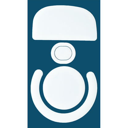 Teflune – Single white die-cut mouse foot pad set with a curved top piece, small oval and a ring on a dark blue background