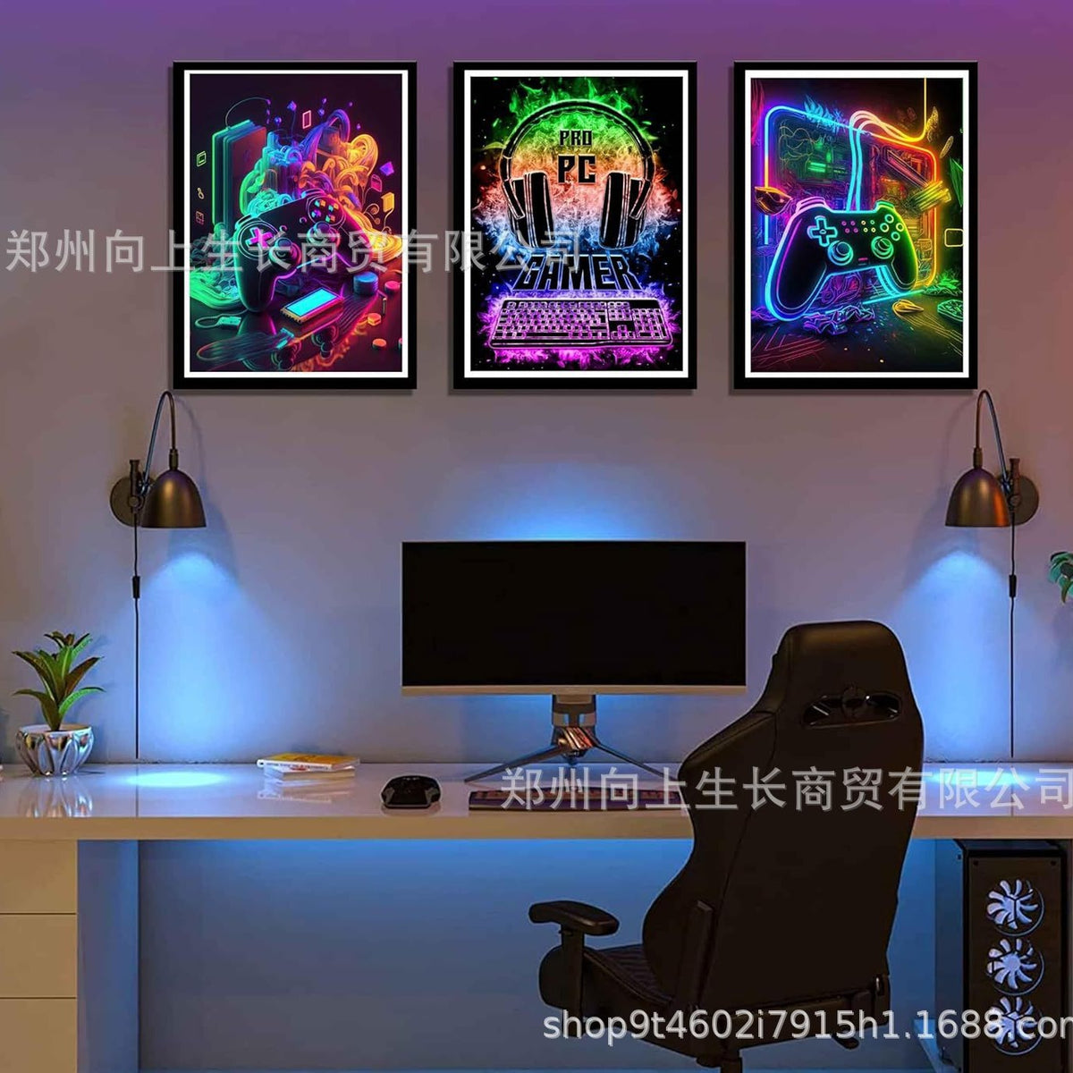 Gamecanvas Frameless Canvas Decorative Painting: three neon gaming prints above a desk with monitor and chair