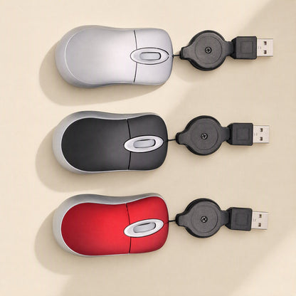 Miniclick – Three mini optical mice in silver, black and red with retractable cord reels and USB plugs, top view