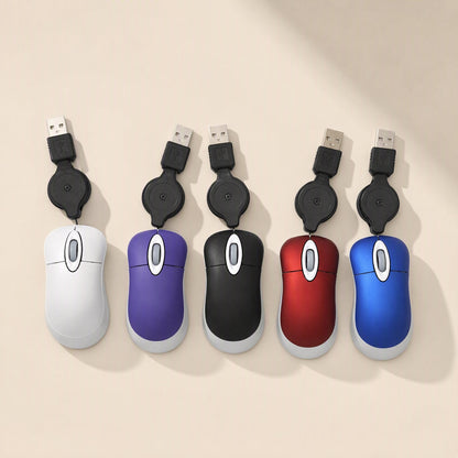 Miniclick – Row of five mini mice in white, purple, black, red and blue with coiled USB cords extended upward