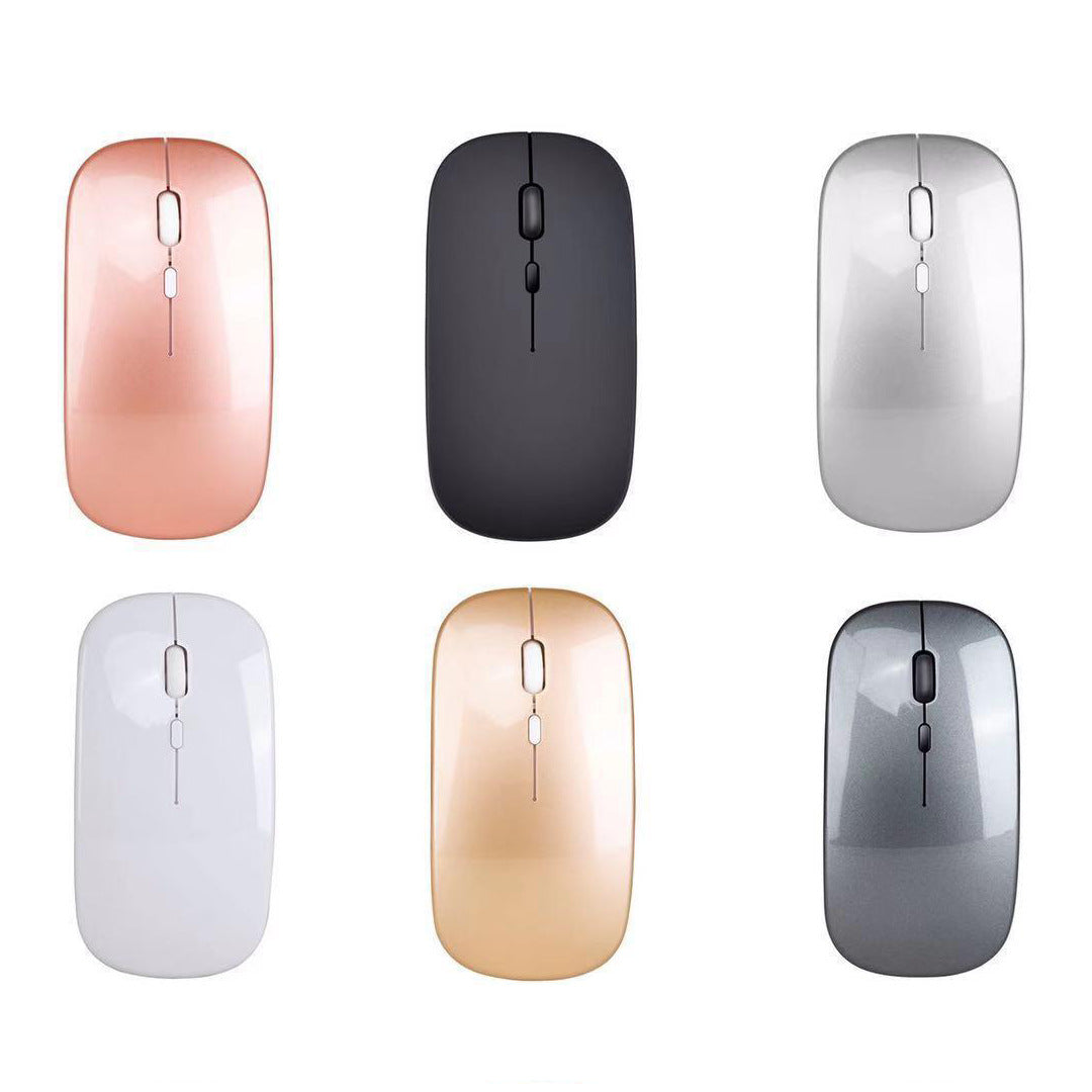 Silentclick – Top view of six slim wireless mice in rose gold, black, silver, white, gold and grey