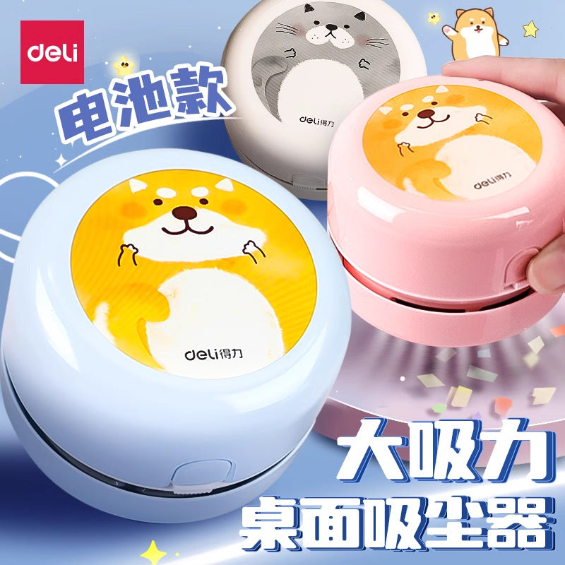 Desklet Portable Electric Desktop Vacuum Cleaner in blue, pink and grey with cartoon Shiba Inu and cat designs
