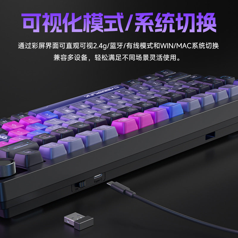 Keyflux – Keyboard in cyberpunk keycaps with USB-C cable and 2.4G receiver beside the mode switch on its back edge