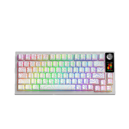 Keyflux – White keyboard with topographic line keycaps, rainbow RGB backlight, color screen and knob, front view