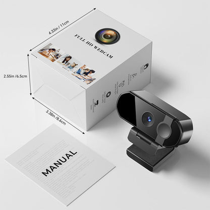 Viewnest – Retail box labeled Full HD Webcam with manual and the black camera beside it, with dimensions marked