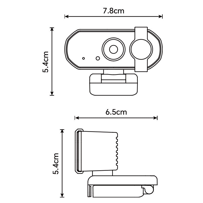 Viewnest – Dimension diagram of the camera showing 7.8cm width, 5.4cm height and 6.5cm depth in front and side views