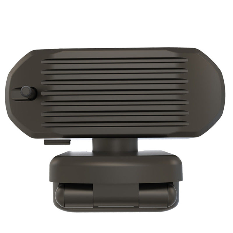 Viewnest – Back view of the black camera showing ribbed grille panel, side button and folding clip base