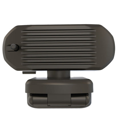 Viewnest – Back view of the black camera showing ribbed grille panel, side button and folding clip base