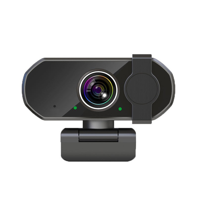 Viewnest – Front view of the black camera with round lens, two green indicator lights and sliding privacy cover