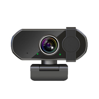 Viewnest – Front view of the black camera with round lens, two green indicator lights and sliding privacy cover