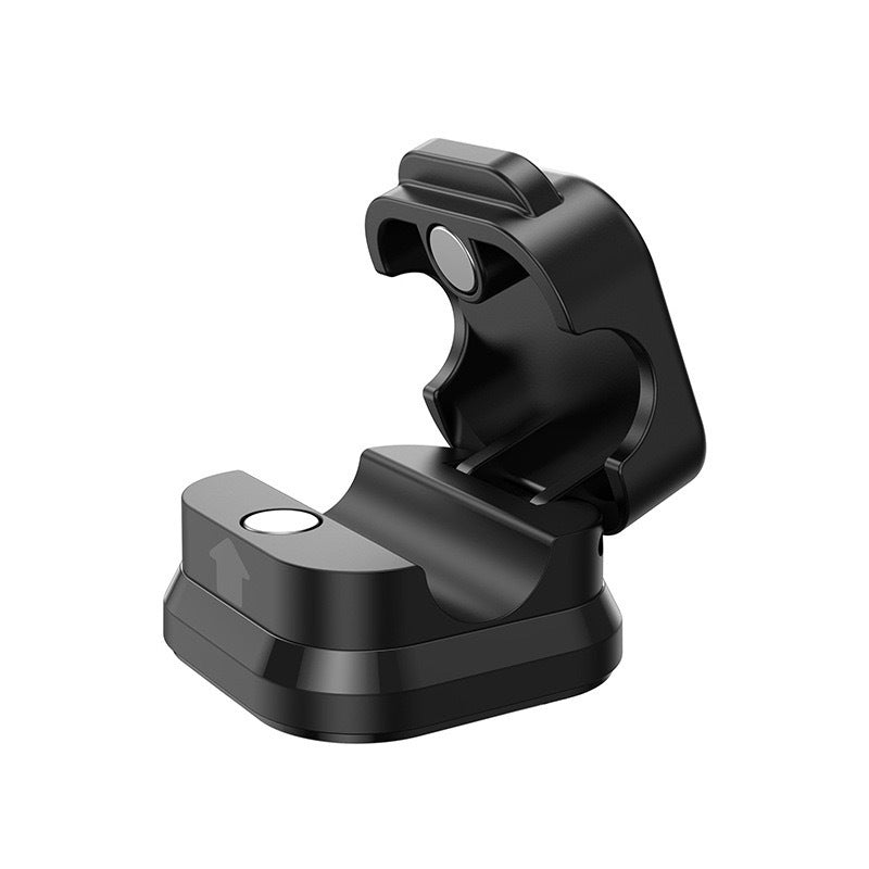 Weftloop – Black magnetic clamp shown open from a front angle, with a visible magnet in the lid and in the base