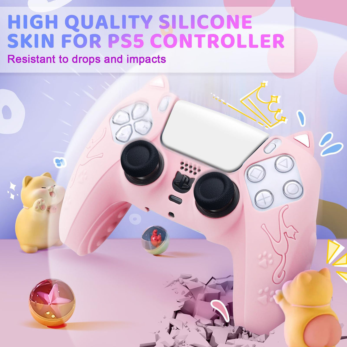 Silishell Silicone PS5 Controller Case in pink with cat ears, paw prints and cat motif, beside cute figurines