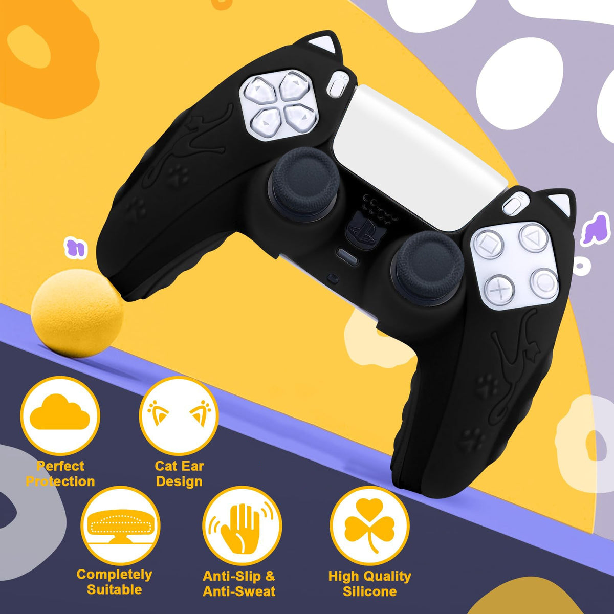 Silishell – Black cat-ear silicone PS5 controller cover with feature icons for protection, fit, anti-slip and silicone