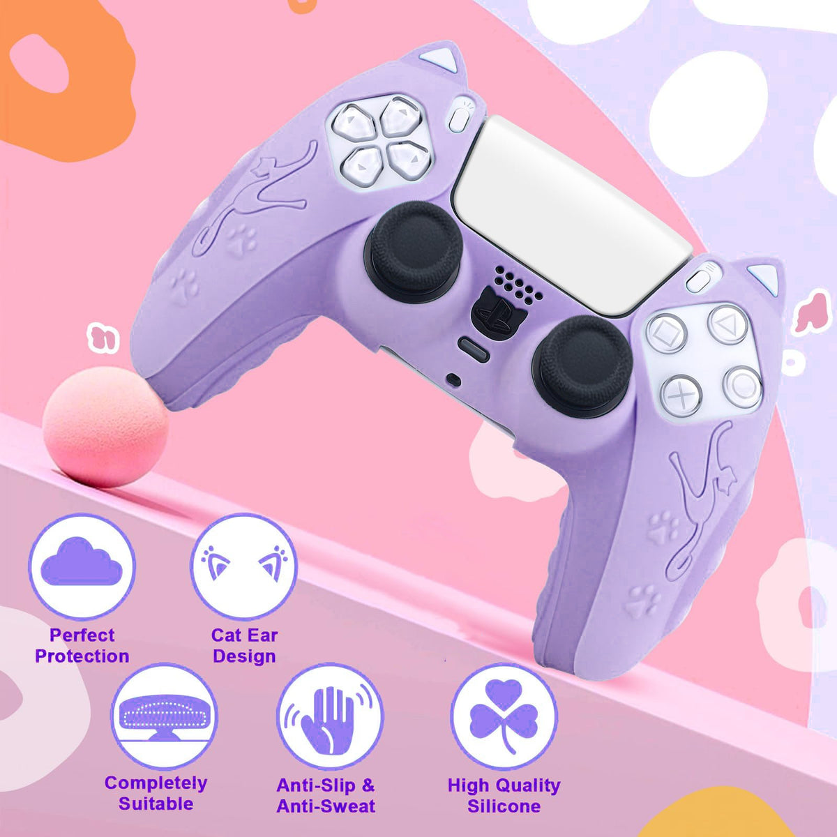 Silishell – Purple silicone PS5 controller skin with cat ears and embossed cat design, shown with feature icons