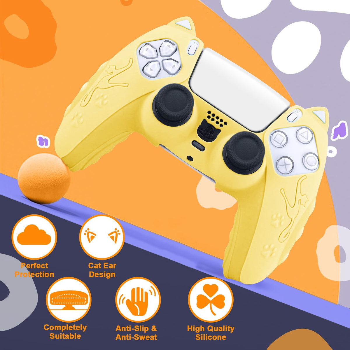 Silishell – Yellow cat-ear silicone cover on a PS5 controller, tilted on a ledge with an orange ball and feature icons