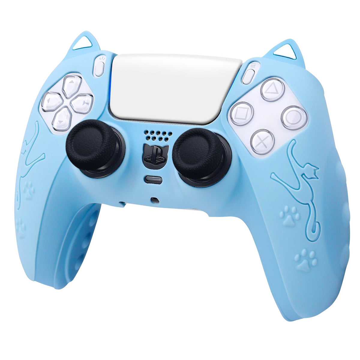 Silishell – Light blue silicone cover with cat ears and embossed cat and paw prints on a PS5 controller, white background