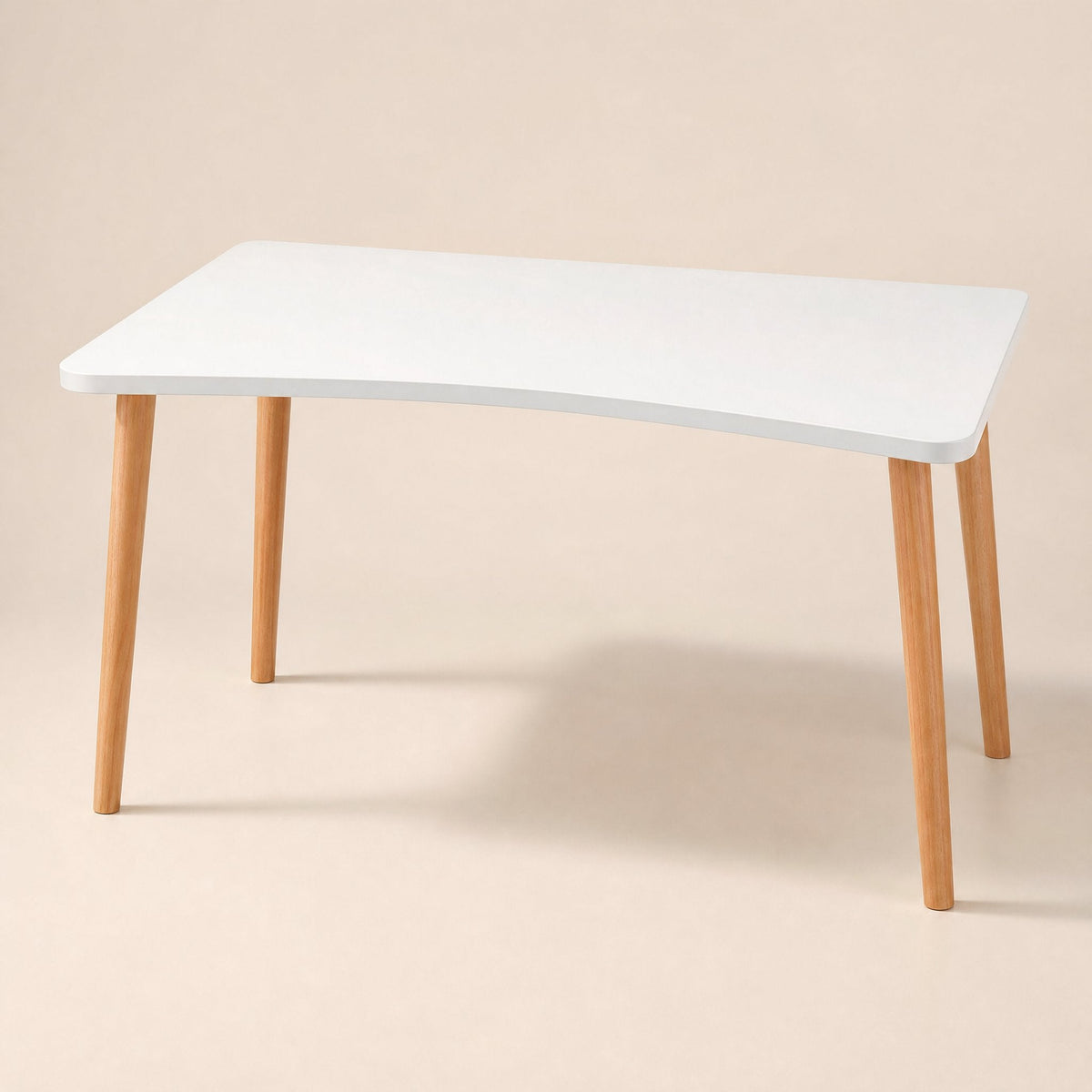 Workplane – White desktop with curved front edge on light wood tapered legs, front three-quarter view
