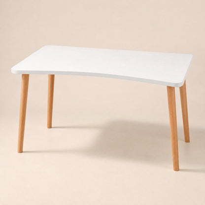 Workplane – White desktop with curved front edge on light wood tapered legs, front three-quarter view