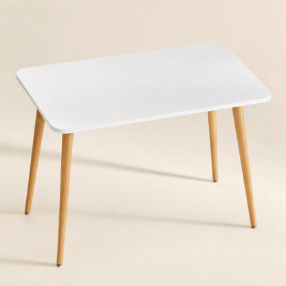 Workplane – White rectangular desktop with straight edges and angled wooden legs with small black foot caps