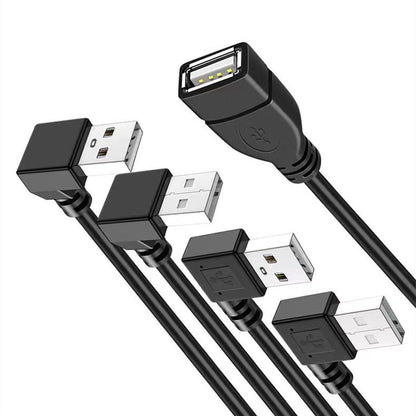 Copperbend – Four black right-angle USB male plugs in different bend directions beside a female USB port on the cable