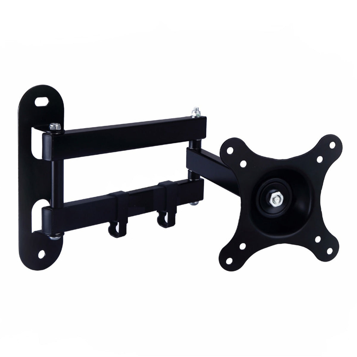 Pivotarm Wall Mount TV Monitor Bracket in black iron with arms extended, angled view on white background