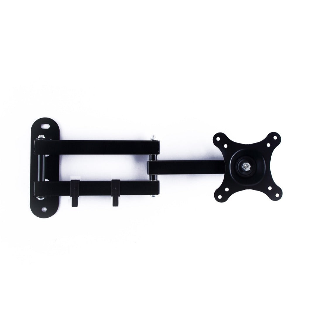 Pivotarm – Black articulating monitor bracket fully extended, front view showing wall plate, two arms and VESA plate