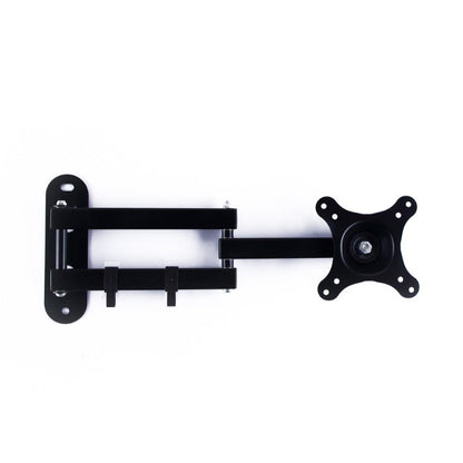Pivotarm – Black articulating monitor bracket fully extended, front view showing wall plate, two arms and VESA plate
