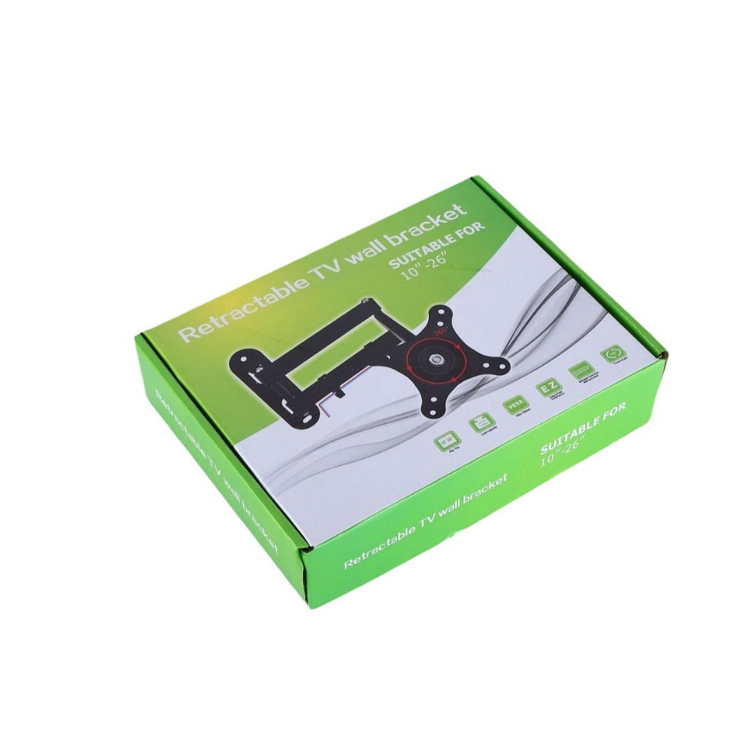 Pivotarm – Green retail box labeled Retractable TV wall bracket, suitable for 10 to 26 inch screens, shown at an angle