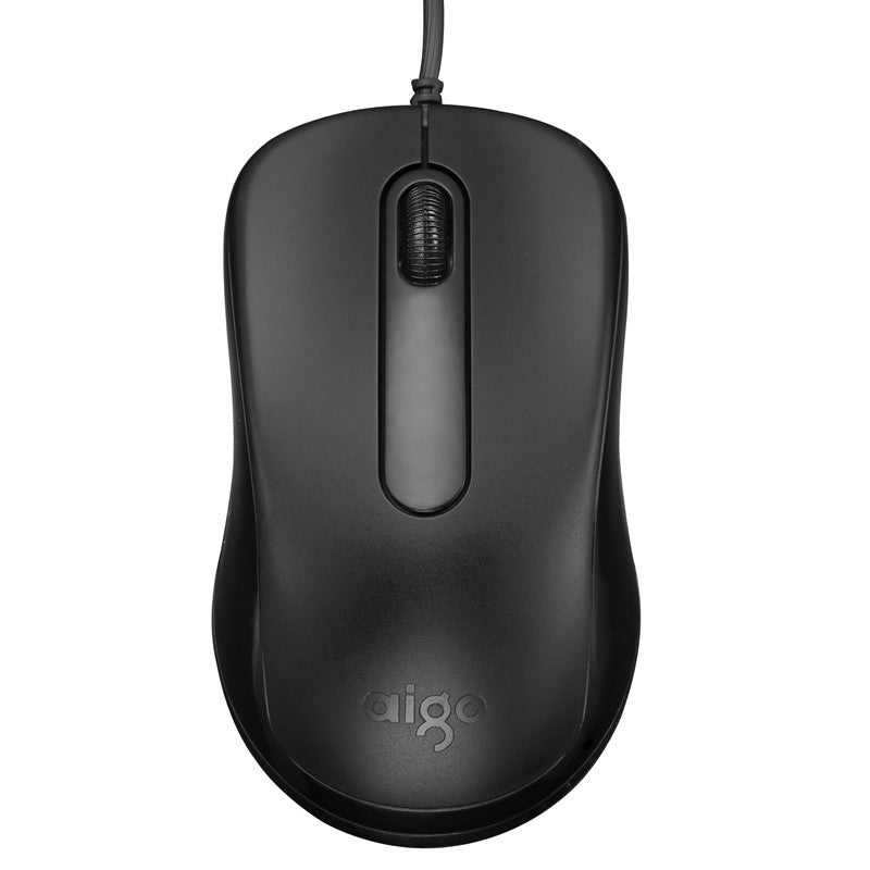 Cordnest – Top-down view of a black wired mouse with scroll wheel and silver logo on a plain white background