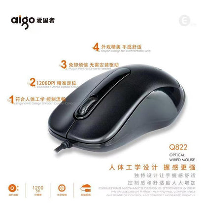 Cordnest – Black wired mouse at an angle with numbered callouts for 1200 DPI, ergonomic shape and plug-and-play use