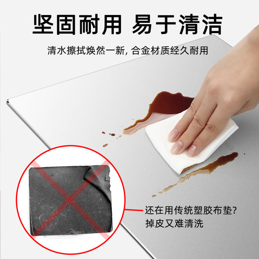 Aluform – Hand wiping spilled coffee off the silver aluminum pad with a tissue, beside a crossed-out worn fabric pad