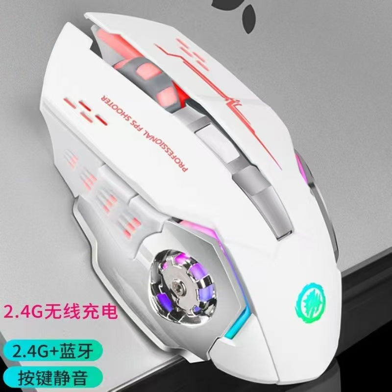 Chargeglide – White gaming mouse side angle with purple and teal glowing scroll wheel on a laptop, 2.4G and Bluetooth labels