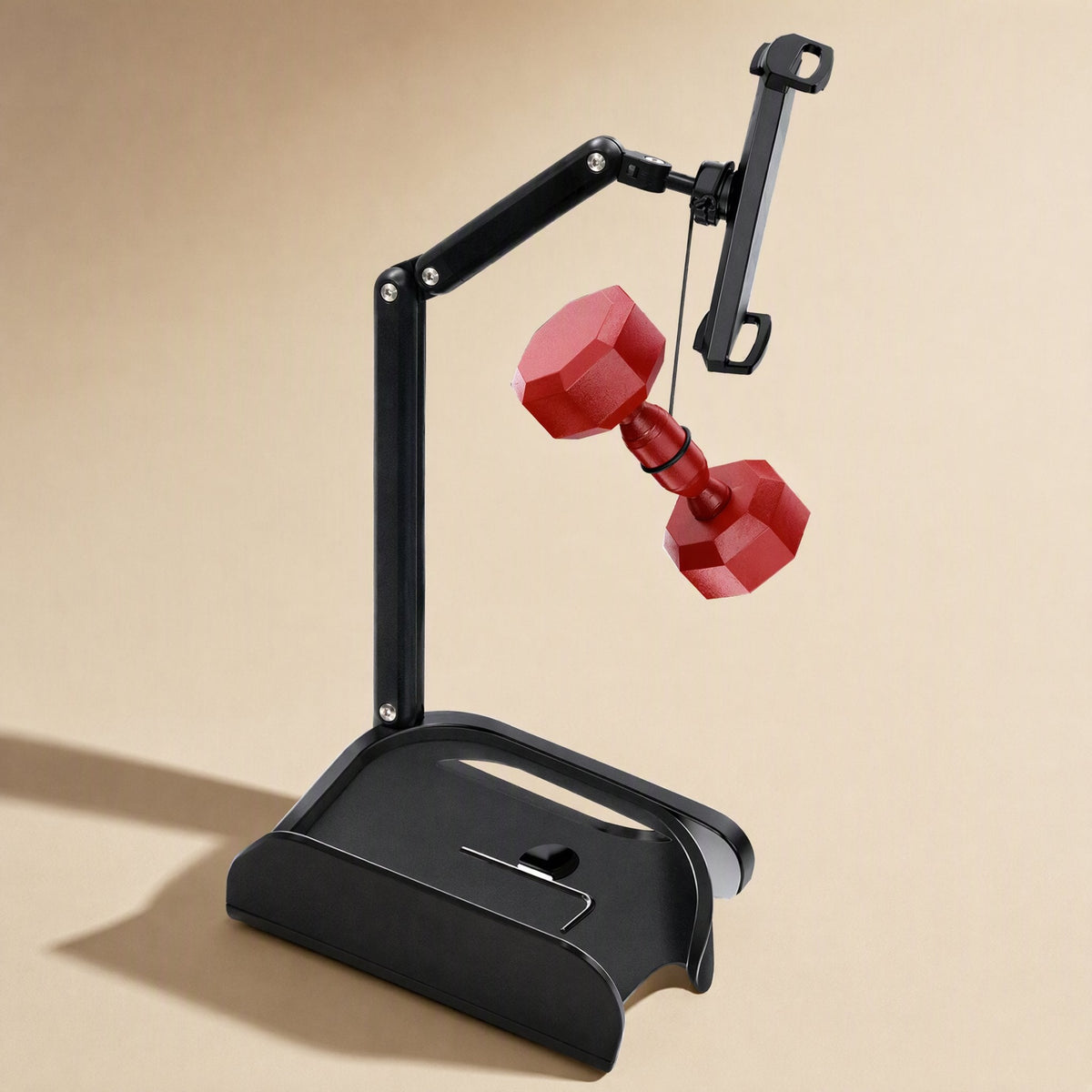 Carbonprop – Folding black stand with a tablet clamp on an extended arm and a red dumbbell hanging below it