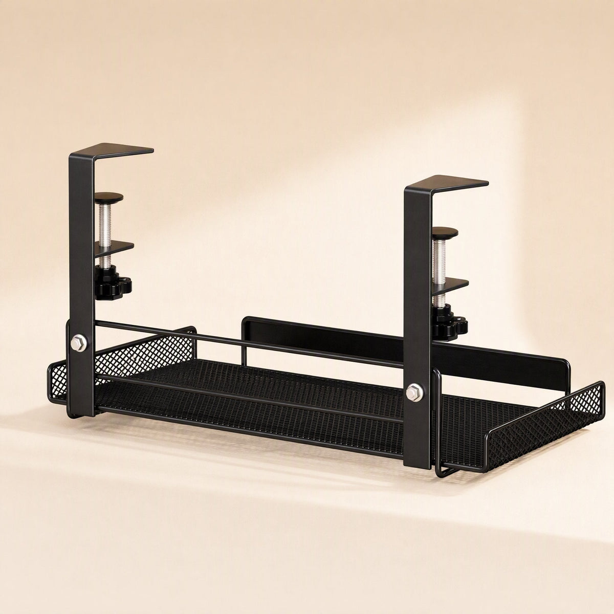 Wireperch Under Desk Wire Management Rack, black mesh tray with two C-clamps, front three-quarter view