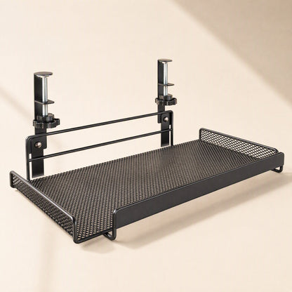 Wireperch – Black mesh under-desk tray with rail and thumbscrew clamps, angled top-down view from the left side