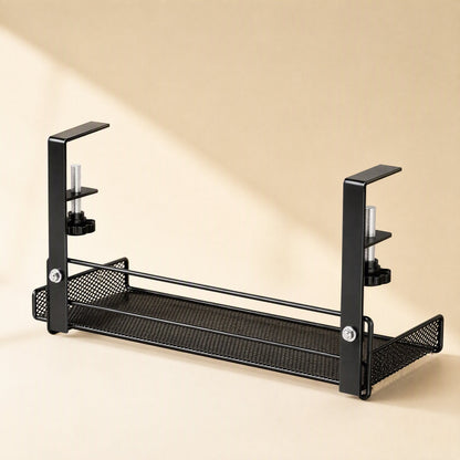 Wireperch – Side view of the black rack showing mesh end panels, clamp screws and two bolts on the metal brackets