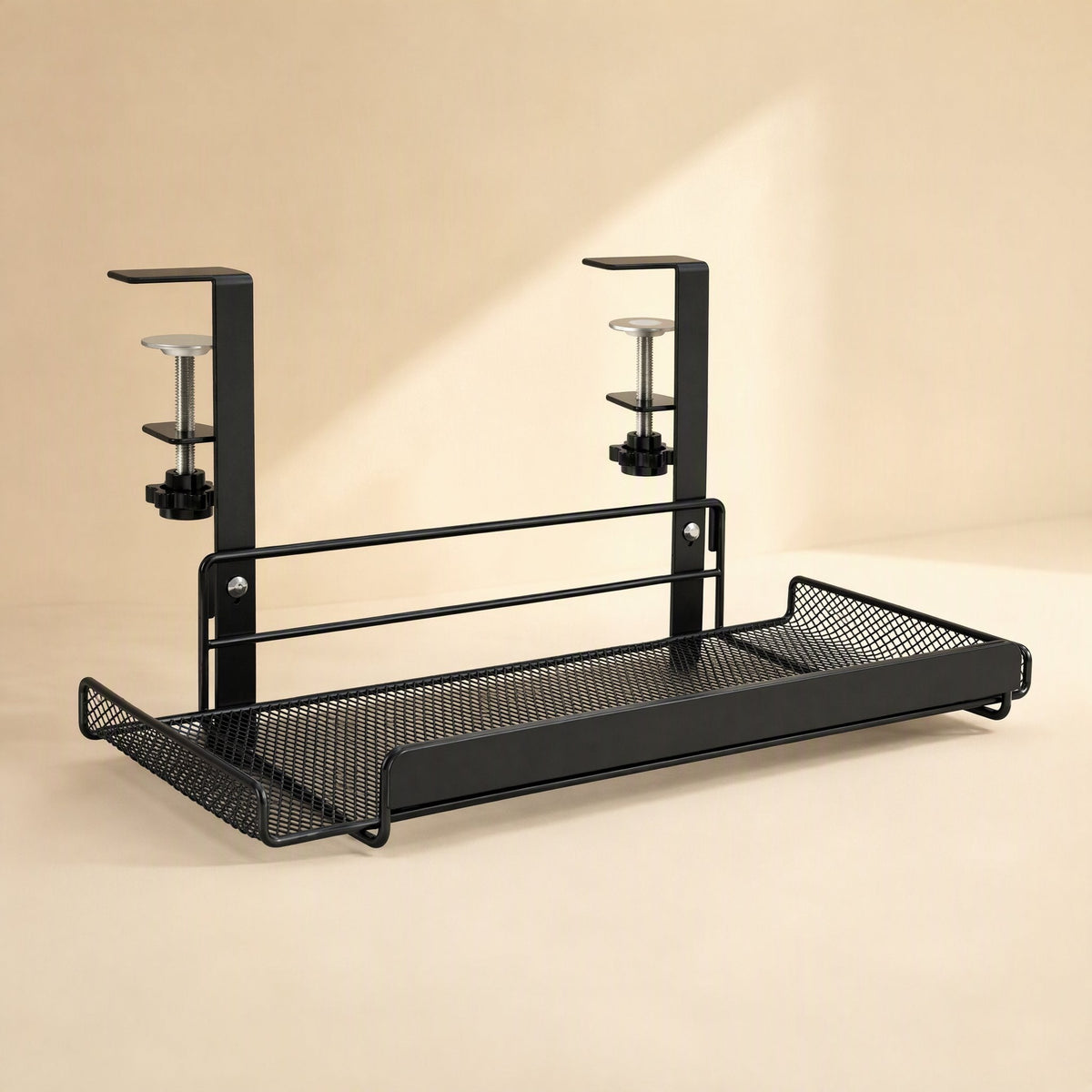 Wireperch – Rear angled view of the empty black tray with a front rail, hanging clamps and a mesh-edged back panel