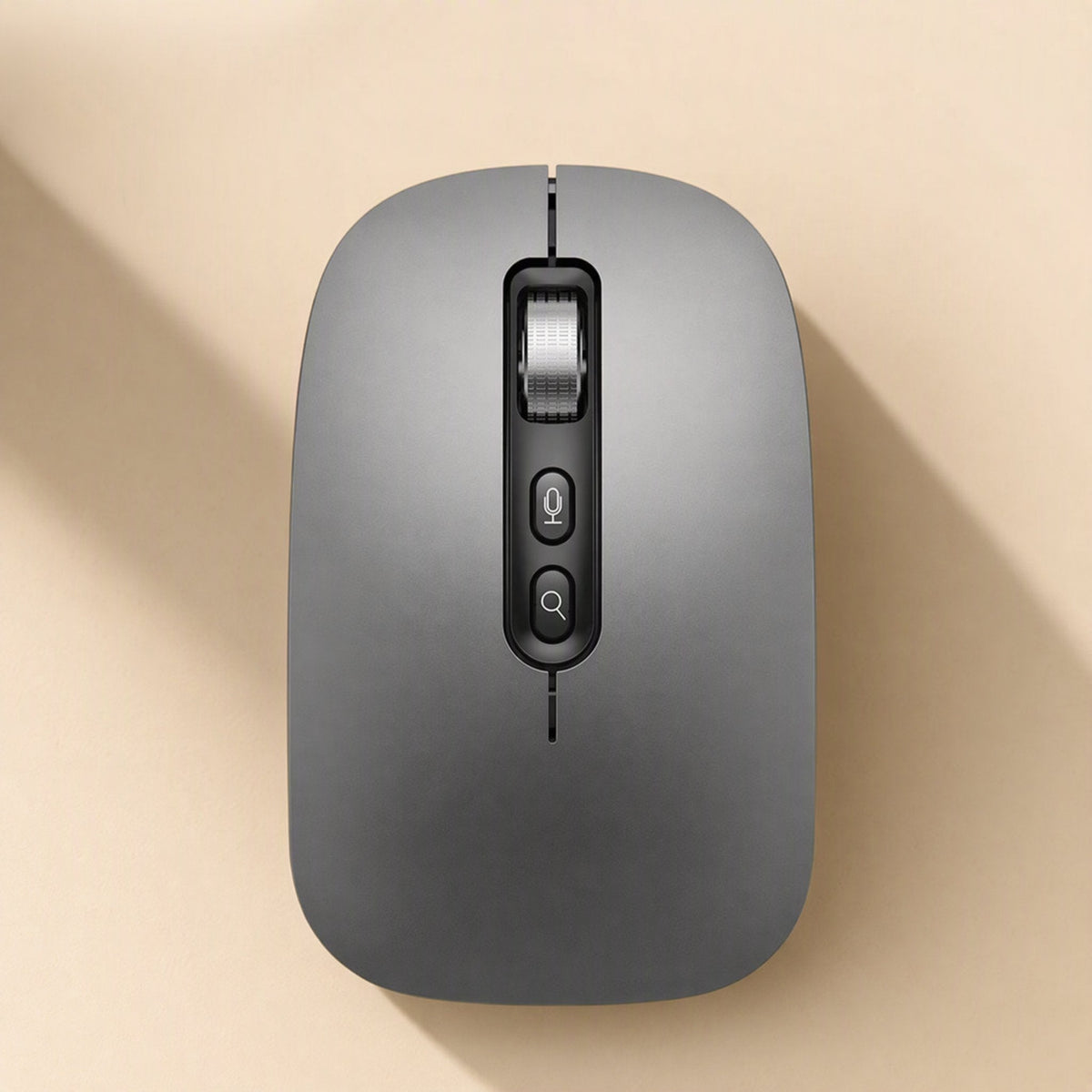 Voiceclick – Close top view of gray mouse with microphone and search buttons below the metal scroll wheel