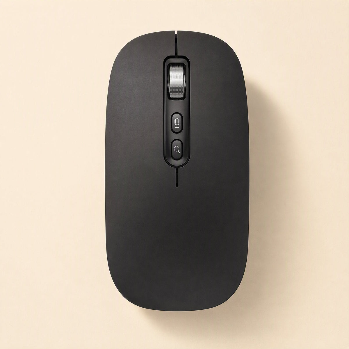 Voiceclick – Matte black version of the mouse, top-down, with silver scroll wheel and two buttons on a cream background
