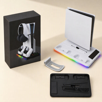 Coolbase PS5 Console Cooling Fan Base beside its black retail box, with wall mount bracket and base tray
