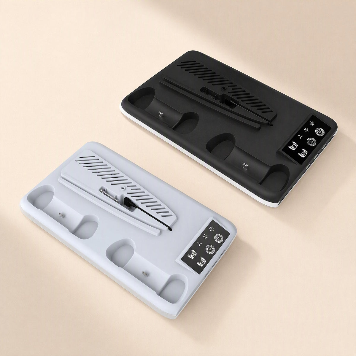 Coolbase – Top-down view of the black and white cooling base trays showing vent slots, controller slots and control panel